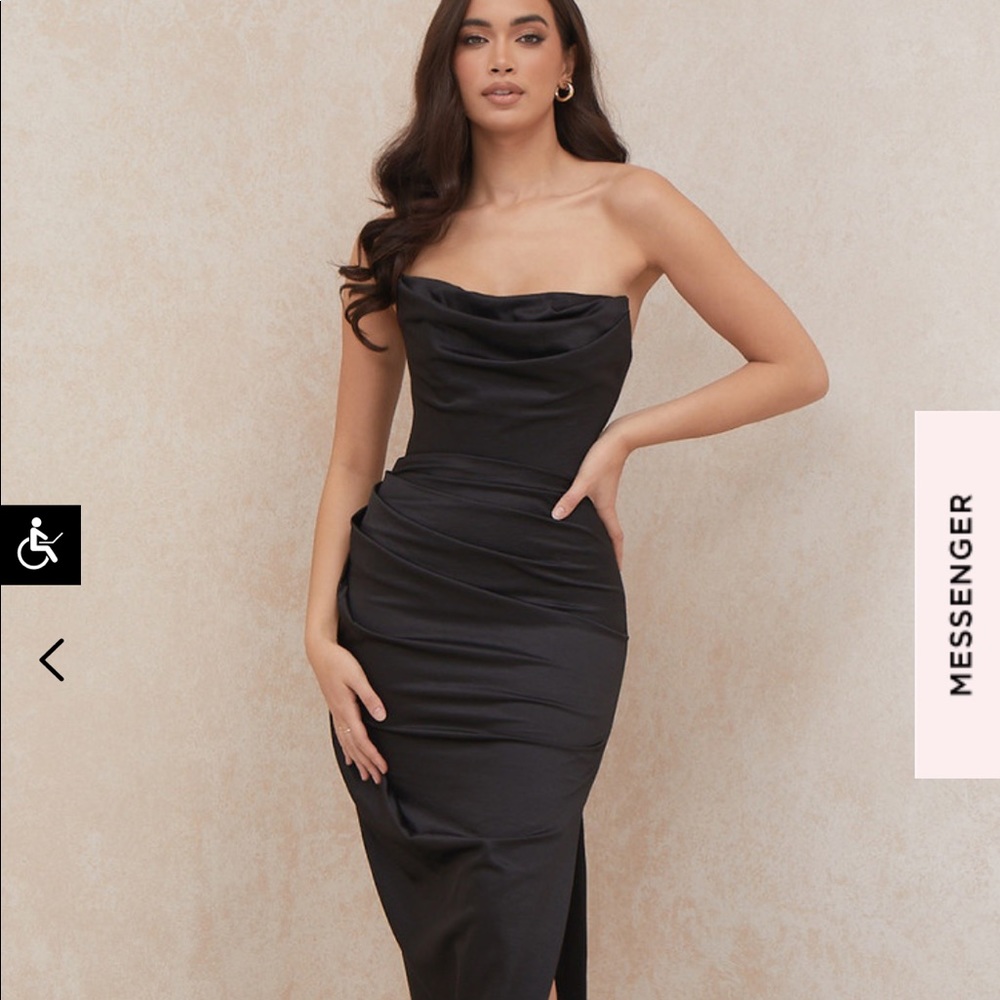 House of CB Adrienne Black Satin Strapless Corset Maxi Dress